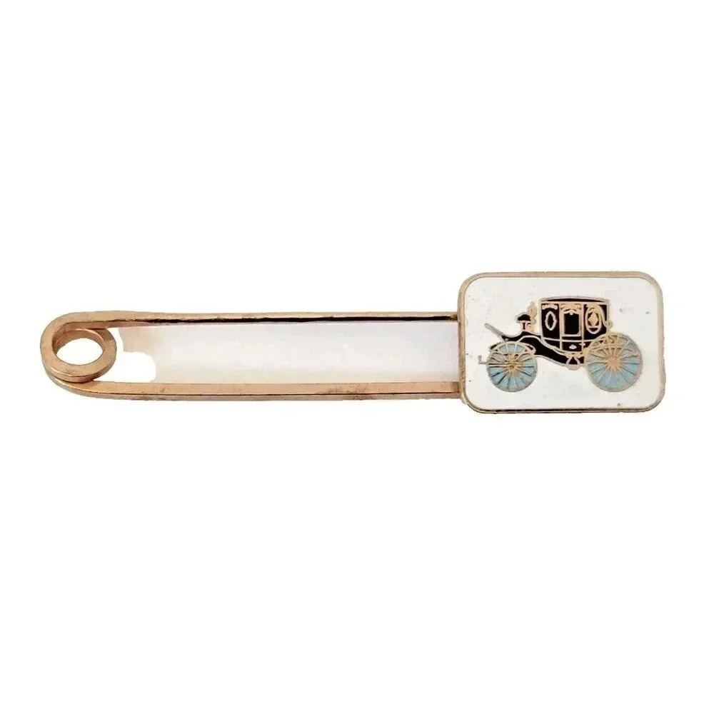 Vintage Mens Tie Pin Enamel Antique Car Design Gold Tone White Blue Black